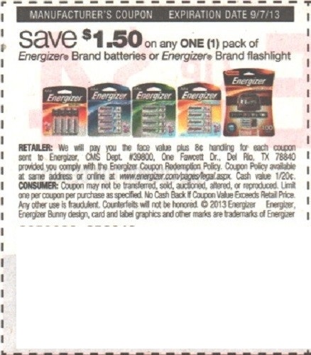 Save $1.50 on any one (1) pack of Energizer Brand batteries or Energizer Brand flashlight Expires 09/07/2013