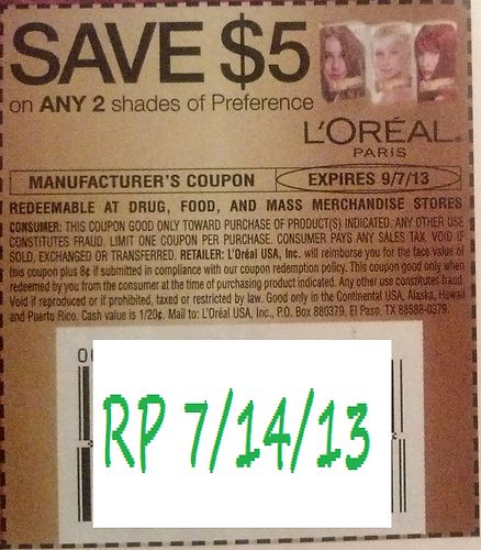 Save $5.00 on any 2 shades of L'Oreal Paris Preference Expires 09/07/2013