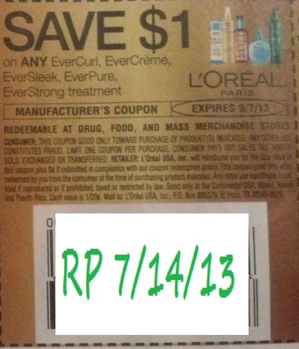 Save $1.00 on any L'Oreal Paris EverCurl, EverCreme, EverSleek, EverPure, EverStrong treatment Expires 09/07/2013