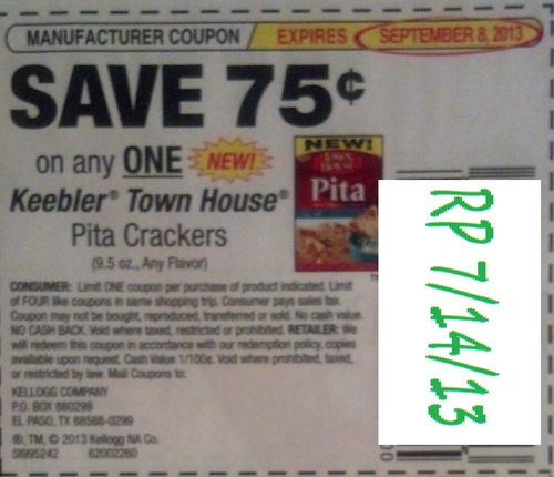 Save $0.75 on any one Keebler Town House Pita Crackers (9.5oz any flavor) Expires 09/08/2013