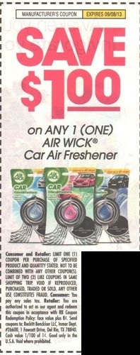 Save $1.00 on any 1 (one) Air Wick Car Freshener Expires 09/08/2013