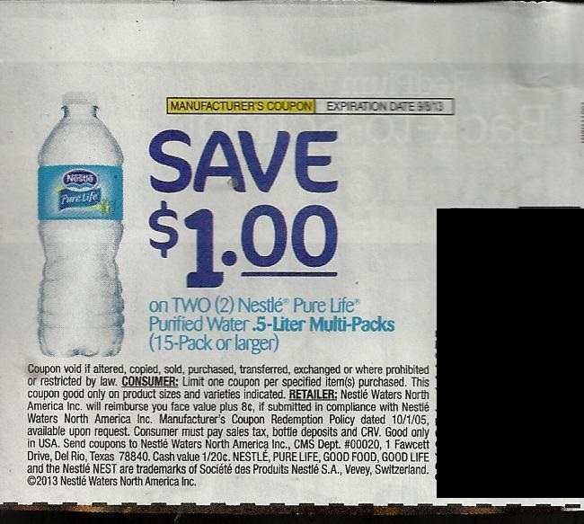 Save $1.00 on Two (2) Nestle Pure Life Purified Water .5 Liter Multipacks (15 pack or larger) Expires 09/08/2013