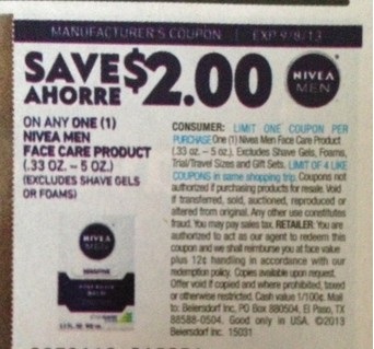 Save $2.00 on any one (1) Ahorre Nivea men Face Care Product (.33 oz - 5 oz) Excludes Shave Gels or Foams Expires 09/08/2013