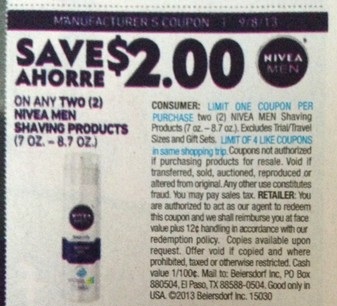 Save $2.00 on any two (2) Ahorre Nivea Men Shaving Products (7 oz - 8.7 oz) Expires 09/08/2013