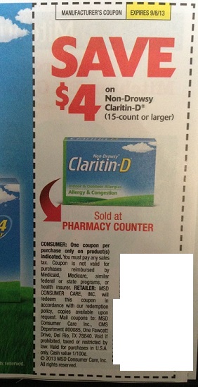 Save $4.00 on Non-Drowsy Claritin-D 15 ct or larger Expires 09/08/2013