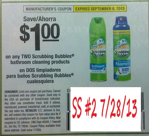 Save $1.00 on any TWO Scrubbing Bubbles bathroom cleaning products Expires 09/08/2013