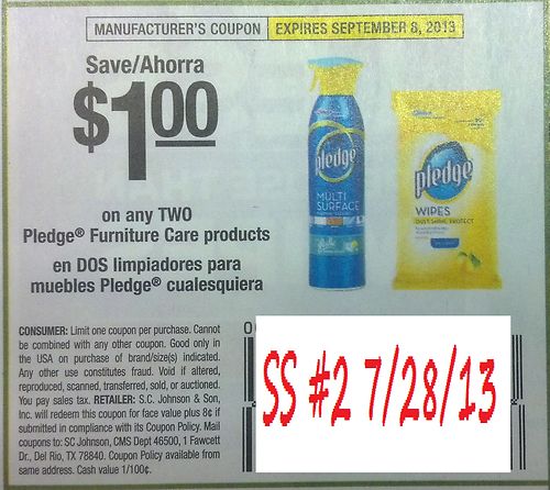 Save $1.00 on any TWO Pledge Furniture Care products Expires 09/08/2013