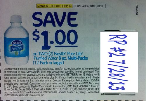 Save $1.00 on TWO (2) Nestle Pure Life Purified Water 8oz Multipacks (12 pack or larger) Expires 09/08/2013