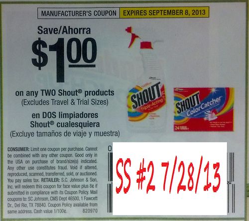 Save $1.00 on any TWO Shout products (Excludes travel/trial size) Expires 09/08/2013