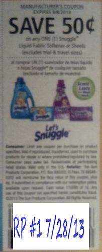 Save $0.50 on any one (1) Snuggle Liquid Fabric Softner or Sheets (Excludes trial/Travel size) Expires 09/08/2013