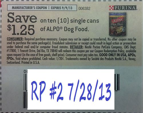 Save $1.25 on ten (10) single cans of Alpo Dog Food Expires 09/09/2013