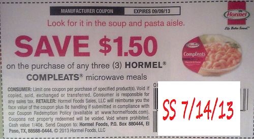 Save $1.50 on the purchase of any three (3) Hormel Compleats microwave meals Expires 09/09/2013