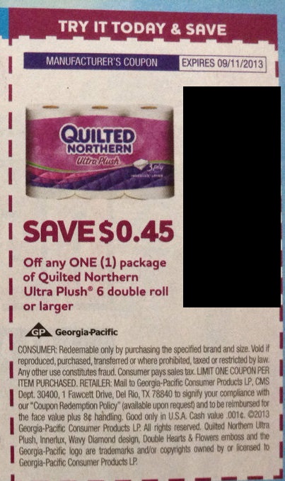 Save $0.45 off any one (1) package of Quilted Northern Ultra Plush 6 double roll or larger Expires 09/11/2013