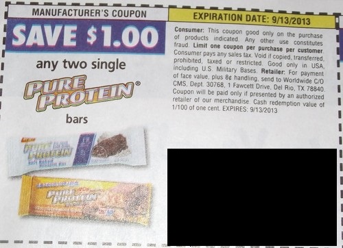 Save $1.00 any two single Pure Protein bars Expires 09/13/2013