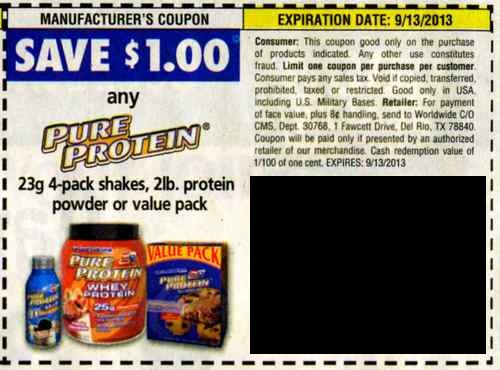 Save $1.00 any Pure Protein 23g 4 pack shakes, 2lbs protein powder or value pack Expires 09/13/2013