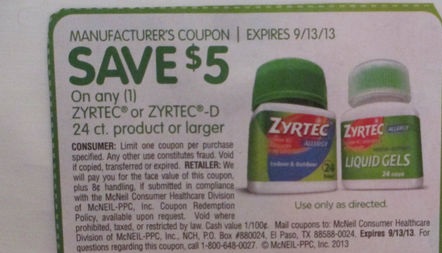 Save $5.00 on any (1) Zyrtec or Zyrtec-D 24 ct product or larger Expires 09/13/2013