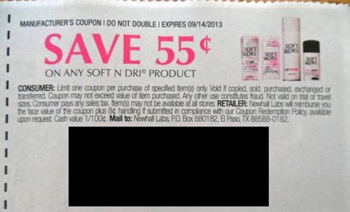 Save $0.55 on any Soft N Dri product Expires 09/14/2013