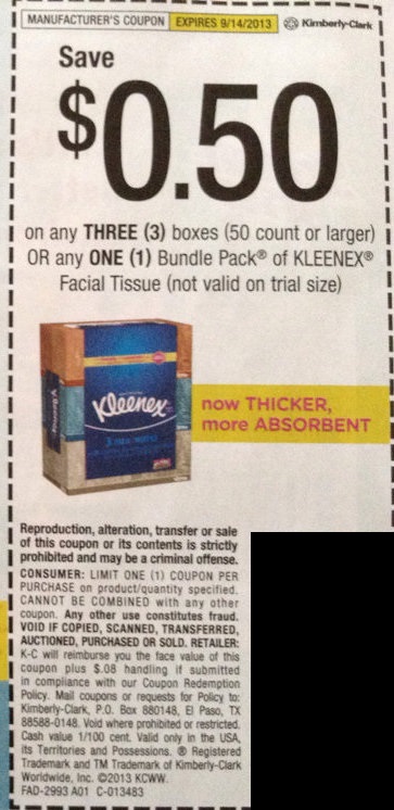 Save $0.50 on any three (3) boxes (50 count or larger) or any one (1) bundle pack of Kleenex Facial Tissue (not valid on trial size) Expires 09/14/2013