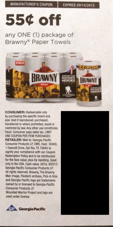 $0.55 off any one (1) package of Brawny Paper Towels Expires 09/14/2013