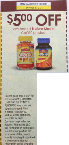 $5.00 off any one (1) Nature Made CoQ10 product Expires 09/14/2013