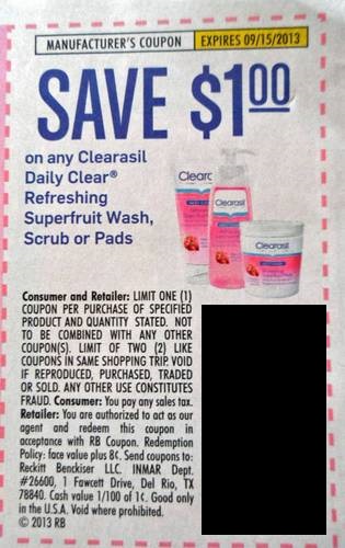 Save $1.00 on any Clearasil Daily Clear Refreshing Superfruit Wash Scrub or Pads Expires 09/15/2013