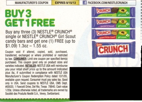 Buy any three (3) Nestle Crunch single or Nestle Crunch girl scout candy bars and get one (1) FREE (up to $1.09) 1.3oz-1.55oz Expires 09/15/2013