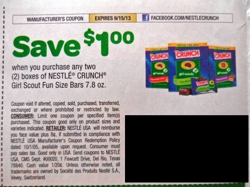 Save $1.00 when you purchase any two (2) boxes of Nestle Crunch girl scout fun size bars 7.8oz Expires 09/15/2013