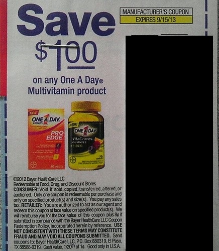 Save $1.00 on any One A Day Multivitamin product expires 09/15/2013