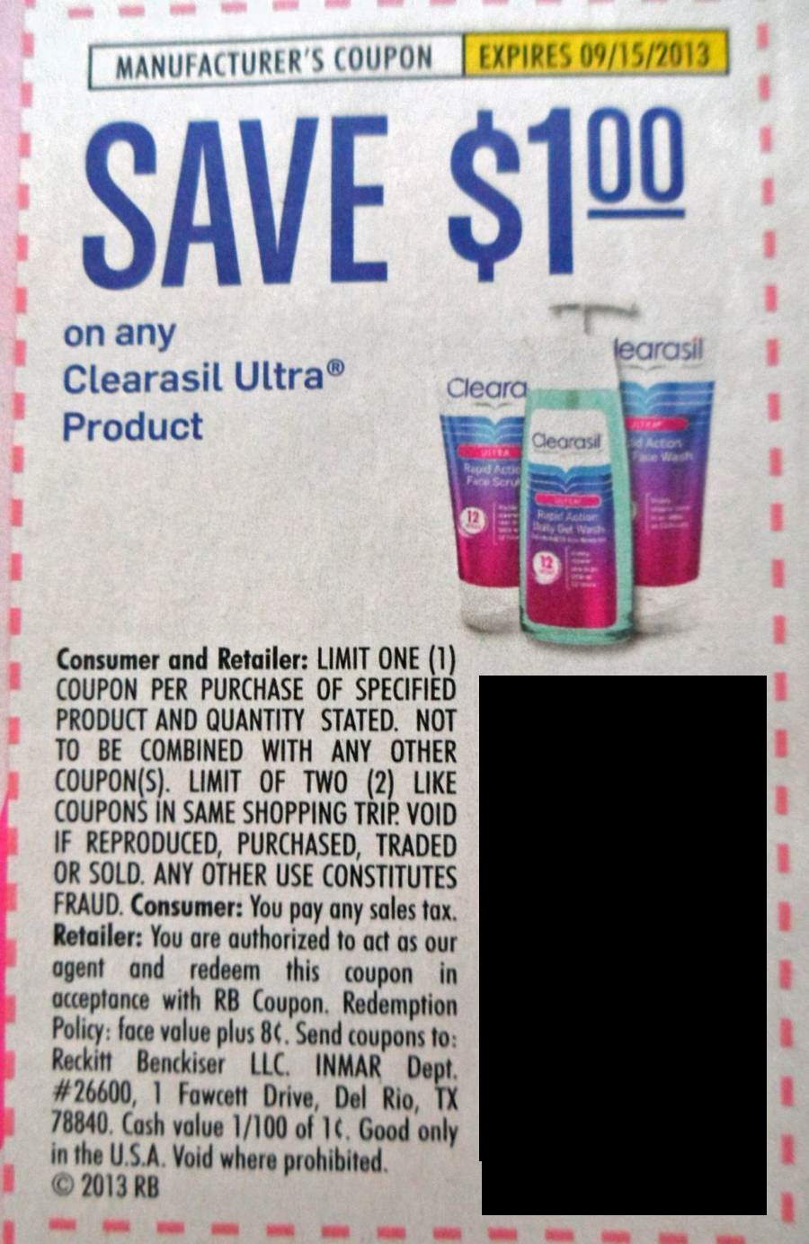 Save $1.00 on any Clearasil Ultra product Expires 09/15/2013