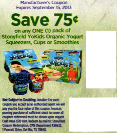 Save $1.00 on any one (1) pack of Stonyfield YoKids Organic Yogurt Squeezers, Cups or Smoothies Expires 09/15/2013