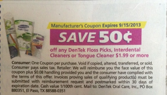 Save $0.50 off any DenTek Floss Picks, Interdental Cleaners or Tounge Cleaner $1.99 or more Expires 09/15/2013