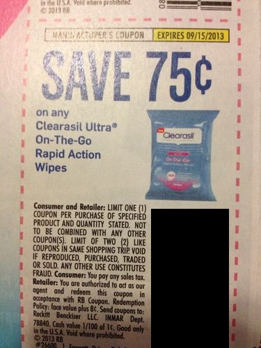 Save $0.75 on any Clearasil Ultra on the go rapid action wipes Expires 09/15/2013