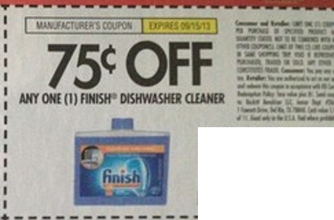 $0.75 off any one (1) Finish Dishwasher Cleaner Expires 09/15/2013