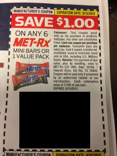 Save $1.00 on any 6 Met-Rx mini bars or 1 value pack Expires 09/15/2013