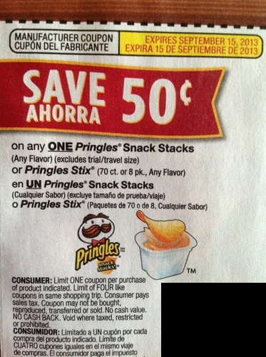 Save $0.50 on any one Pringles Snack Stacks (any flavor)(excludes trial/travel size) or Pringles Stix (70ct or 8pk any flavor expires 09/15/2013