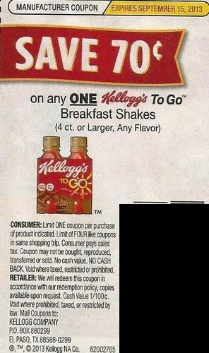 Save $0.70 on any one Kellogg's to go Breakfast Shakes (4 ct or larger any flavor) Expires 09/15/2013