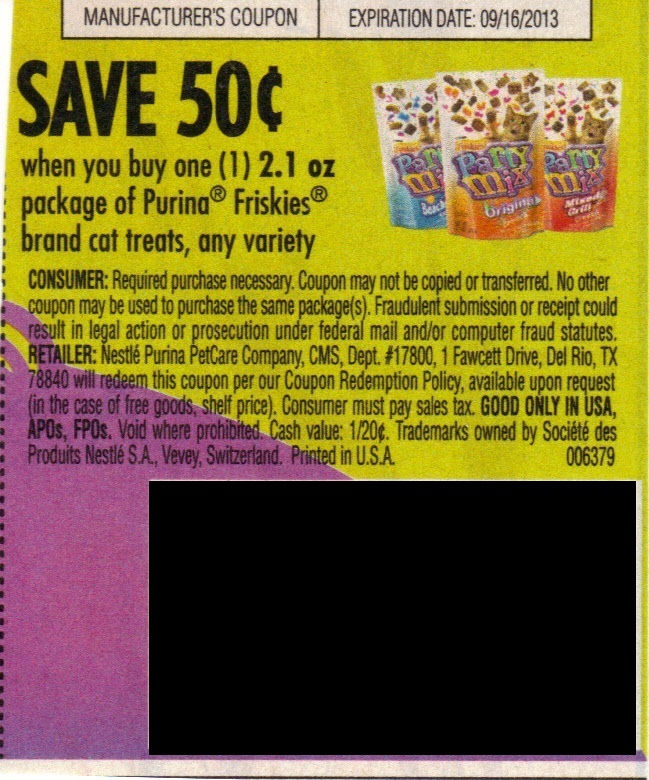 Save $0.50 when you buy one (1) 2.1 oz package of Purina Friskies brand cat treats, any variety Expires 09/16/2013