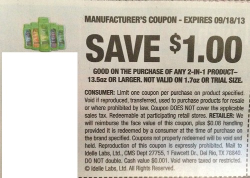 Save $1.00 on the purchase of any 2 in 1 Pert product 13.5 oz or larger, not valid on 1.7 oz or trial size Expires 09/18/2013
