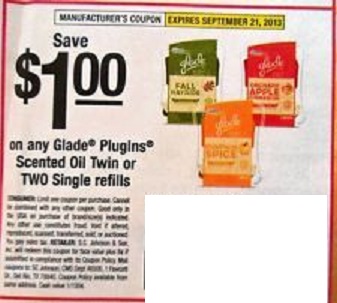 Save $1.00 on any Glade Plugins Scented Oil Twin or Two Single refills Expires 09/21/2013