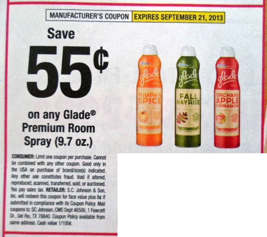 Save $0.55 on any Glade Premium Room Spray (9.7 oz) Expires 09/21/2013