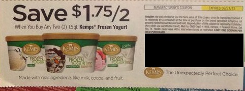 Save $1.75/2 When you buy any two (2) 1.5qt Kemps Frozen yogurt Expires 09/21/2013