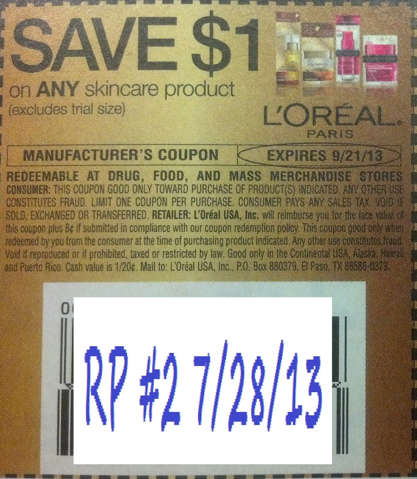Save $1.00 on any L'Oreal Paris skincare product (excludes trial size) Expires 09/21/2013