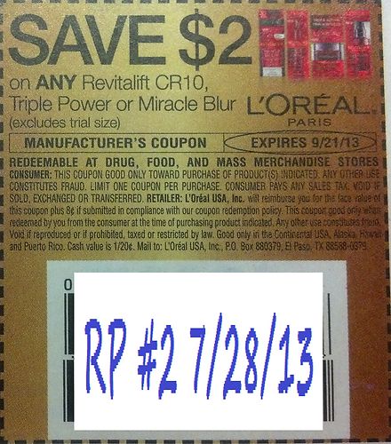 Save $2.00 on any L'Oreal Paris Revitalift CR10, Triple Power or Miracle Blur (Excludes trail size) Expires 09/21/2013