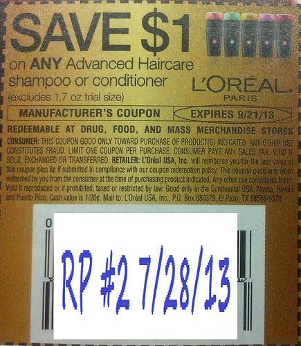 Save $1.00 on any L'Oreal Paris advanced haircare shampoo or conditioner (excludes 1.7 oz trial size) Expires 09/21/2013
