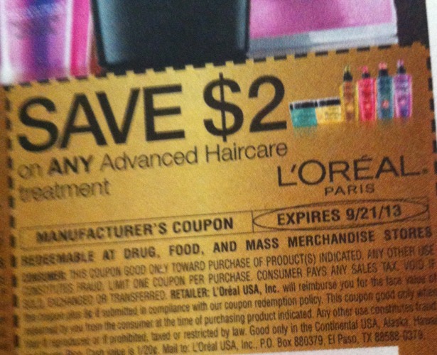 Save $2.00 on any L'Oreal Paris Advanced Haircare treatment expires 09/21/2013