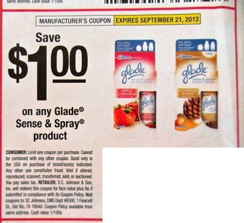 Save $1.00 on any Glade Sense & Spray product Expires 09/21/2013