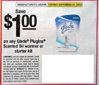 Save $1.00 on any Glade Plugins Scented Oil warmer or starter kit Expires 09/21/2013