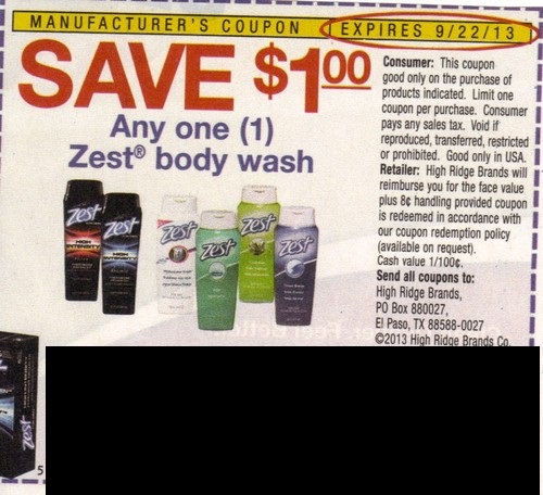 Save $1.00 on any one (1) Zest body wash expires 09/22/2013