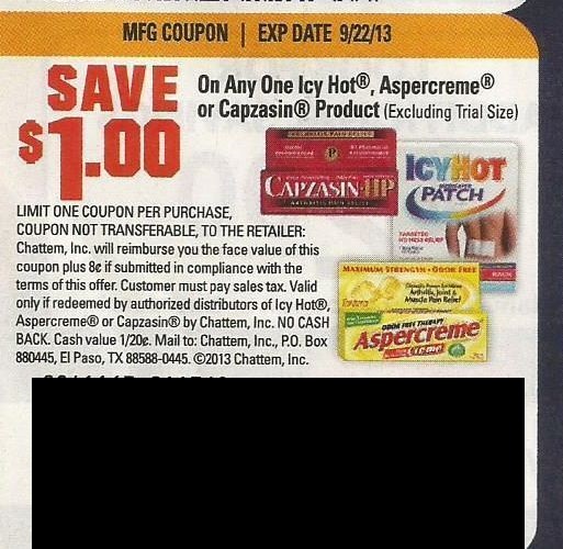 Save $1.00 on any one Icy Hot, Aspercreme or Capzasin product (Excluding trial size) Expires 09/22/2013