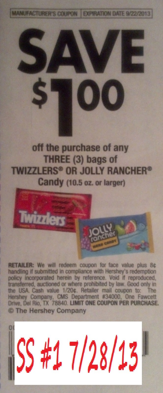 Save $1.00 off the purchase of any three (3) bags of Twizzlers or jolly rancher candy (10.5 oz or larger) Expires 09/22/2013